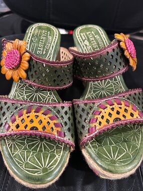Spring Step Green Leather Floral Slide Sandals with Pink & Yellow Accents